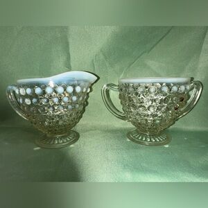 Vintage Fenton Moonstone Hobnail Cream and‎ Sugar Set Opalescent